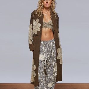 POL Clothing Longline Appliqué Floral Patchwork Jacket